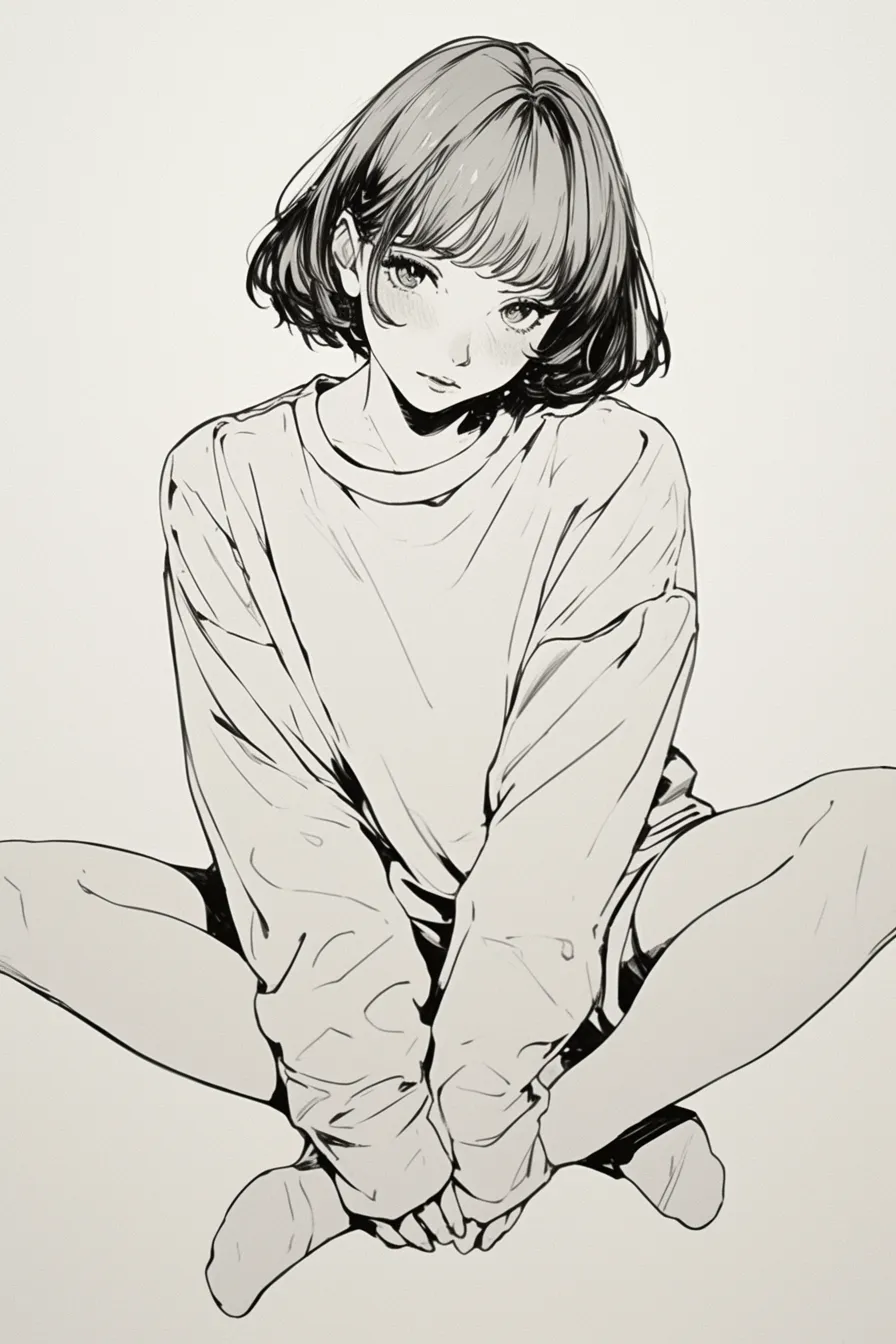 あぐらの少女（見下ろし）｜【基本構造】やや高い視点からあぐらを描き、肩をすぼめながら手を前に寄せる形でコンパクトな姿勢をつくっています。<br>【演出の方向性】目線が強く上に向くことで存在感が増し、ほのかな陰影と頬の紅潮が挑むような可愛らしさを演出しています。<br>