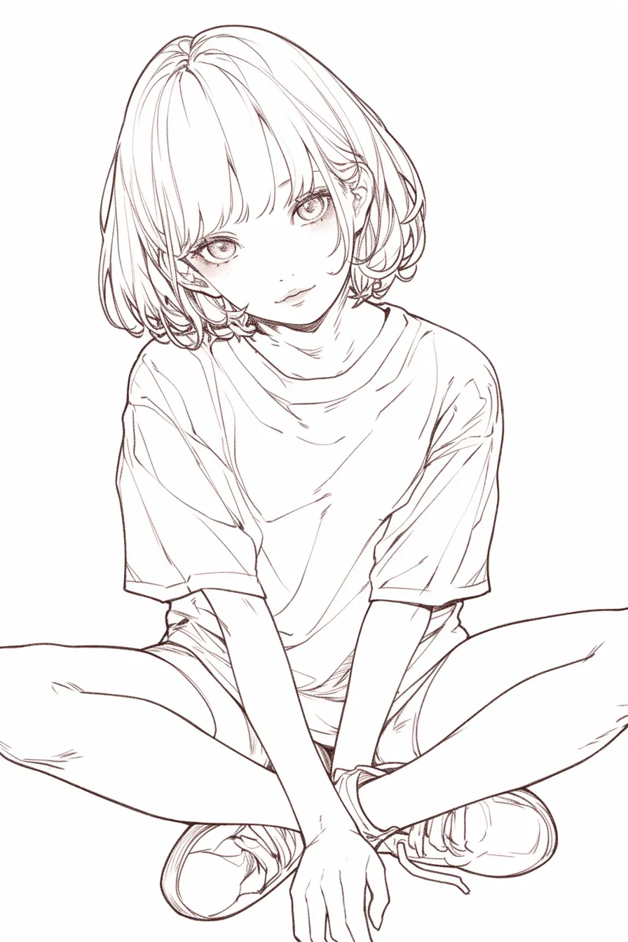 あぐらの少女（直立気味）｜【基本構造】両膝を開いたまま背筋をやや伸ばし、片手を前に垂らして余裕あるシルエットを描いています。<br>【演出の方向性】肩の力を抜いた自然体の雰囲気が、リラックスと同時に少しの大人びた魅力を醸し出しています。<br>