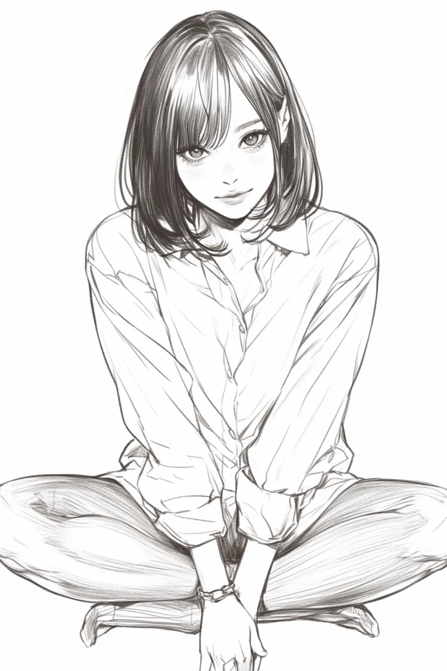 あぐらの女性（大人っぽさ）｜【基本構造】膝を開き、両手を正面に組んだ姿勢で背筋を伸ばし、髪型と服装で落ち着いた印象を強調しています。<br>【演出の方向性】視線の安定と控えめな笑みが余裕を与え、親しみやすさと知的な雰囲気を同時に漂わせています。<br>