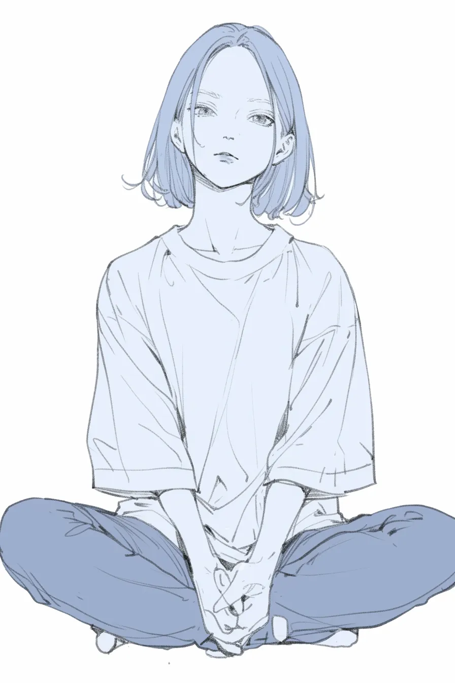 あぐらの少女（無表情）｜【基本構造】正面を向いたまま手を重ねて組み、背筋を真っ直ぐに保つあぐら姿勢で均整を強調しています。<br>【演出の方向性】表情を抑え、色彩も最小限にすることで淡泊さとクールさが前面に出ています。<br>