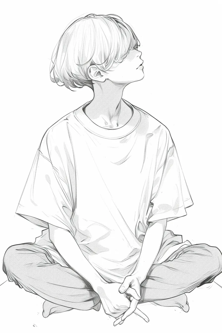 あぐらの少年（上向き）｜【基本構造】膝を開いてあぐらを組み、首を反らして上を見上げる姿勢でシルエットに縦の伸びを加えています。<br>【演出の方向性】顔を隠す髪と露出する首筋がアンバランスな魅力を生み、クールで孤高な印象を漂わせています。<br>