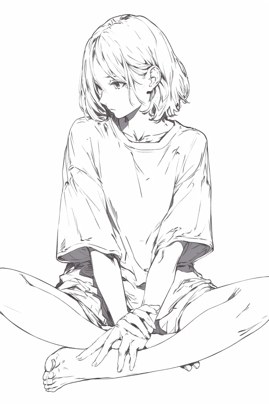 あぐらの少女（伏し目）｜【基本構造】両手を前で交差させ、肩を少しすぼめながら下を向く構図で静けさを強調しています。<br>【演出の方向性】視線を逸らすことで冷たさと奥行きを与え、控えめながらミステリアスなかっこよさを表現しています。<br>