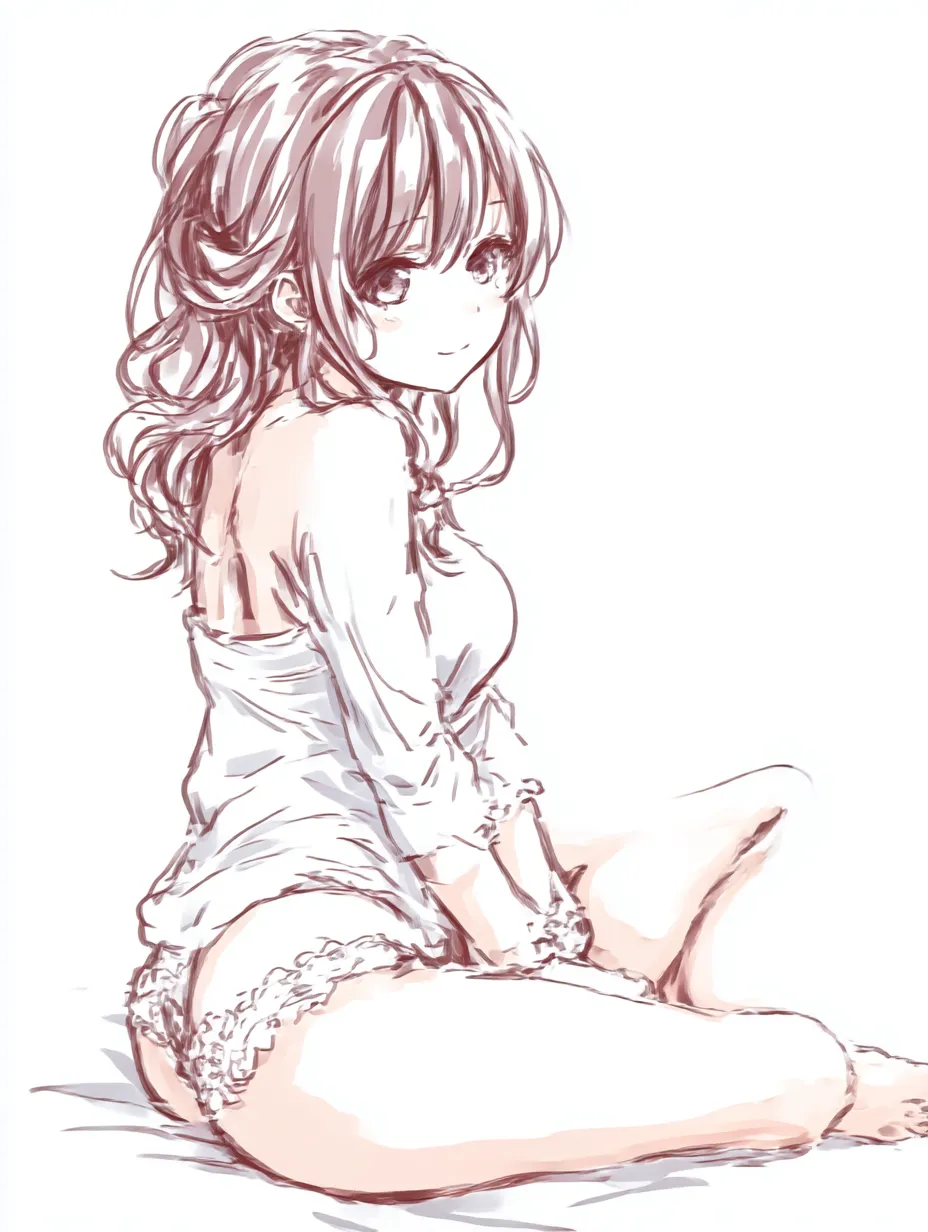 あぐらの女性（振り返り斜め）｜【基本構造】身体を横にひねり振り返る形で座り、背筋と腰のラインを強調した構図になっています。<br>【演出の方向性】視線を後ろに送ることで親しみと艶やかさを両立させ、柔らかな髪と衣服の流れが優雅さを引き立てています。<br>