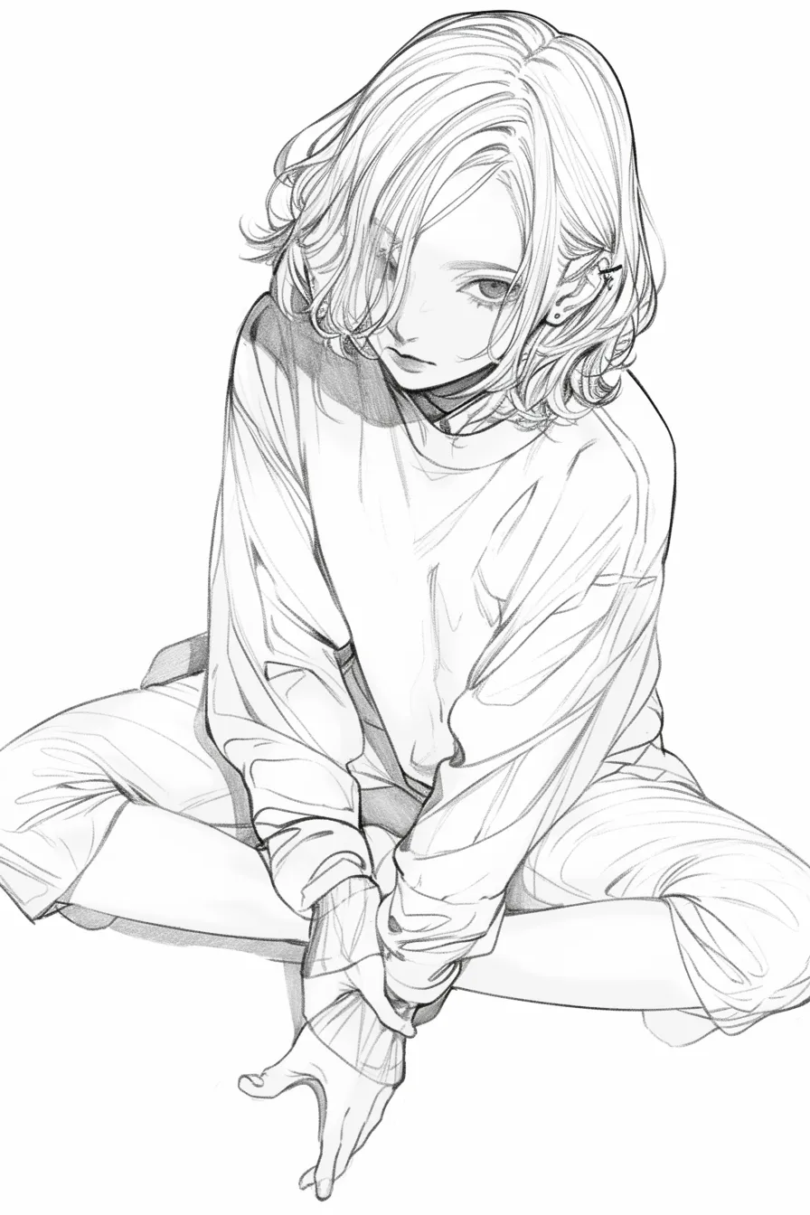 あぐらの女性（俯瞰斜め）｜【基本構造】膝を開いてあぐらを組み、やや俯瞰からの斜め視点で頭を前に傾けています。<br>【演出の方向性】目線の強さと覆いかぶさる髪が緊張感を与え、迫力ある存在感とかっこよさを際立てています。<br>