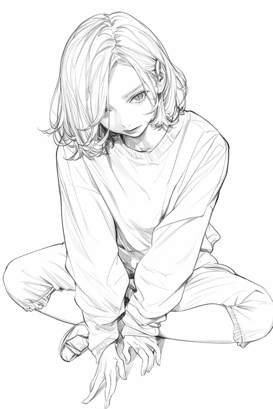 あぐらの女性（真正面斜め）｜【基本構造】膝を広げ、両手を床に添えて前傾する姿勢を斜めから描いています。<br>【演出の方向性】直視する目線と前に伸びた指先が力強さを示し、挑むような印象を演出しています。<br>
