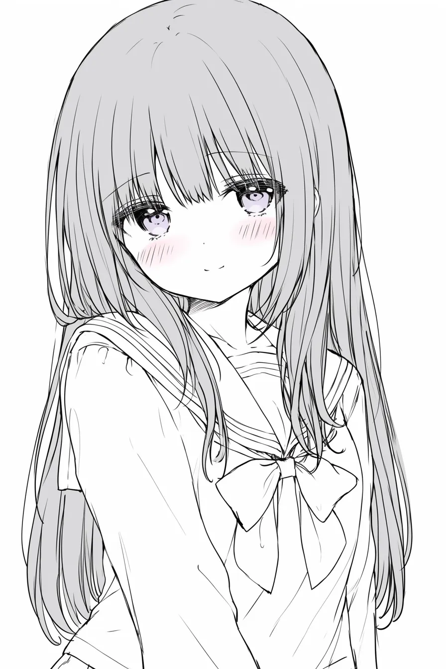バストアップの大人びた少女｜【基本構造】胸元から上を強調し、姿勢を正したまま首を軽く傾けています。長髪が肩に沿って落ち、顔の輪郭を縁取っています。<br>【演出の方向性】セーラー服のリボンが整然と配置され、やわらかな視線と赤みのある頬が清楚さと大人びた雰囲気を同時に伝えています。<br>