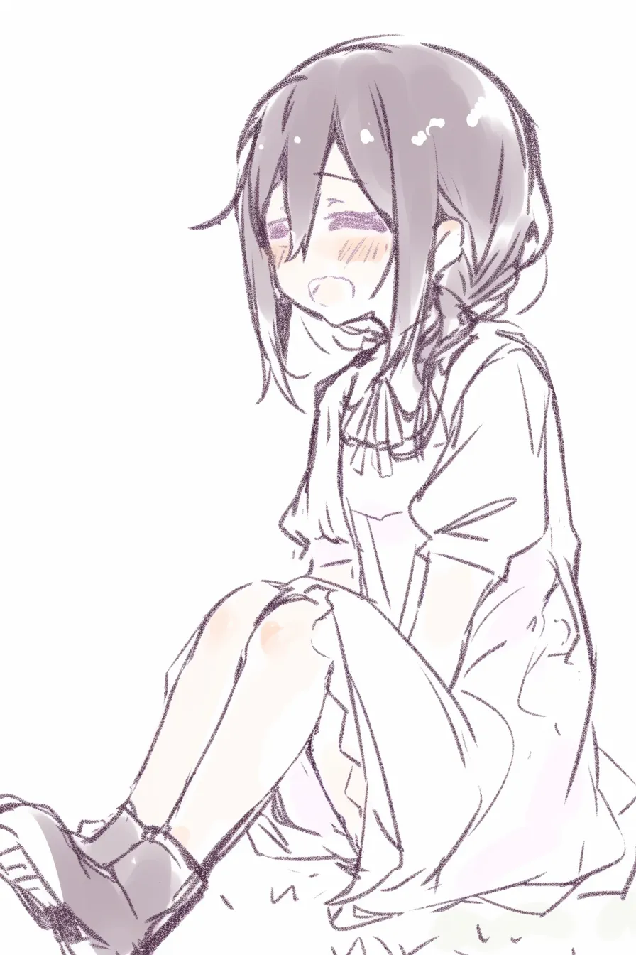 体育座りの少女（笑顔）｜【基本構造】両膝を抱え、上体を少し後ろに倒しながら視線を正面に送る姿勢です。<br>【演出の方向性】にっこりとした笑顔と頬の赤みが、元気で親しみやすい雰囲気を際立たせています。<br>