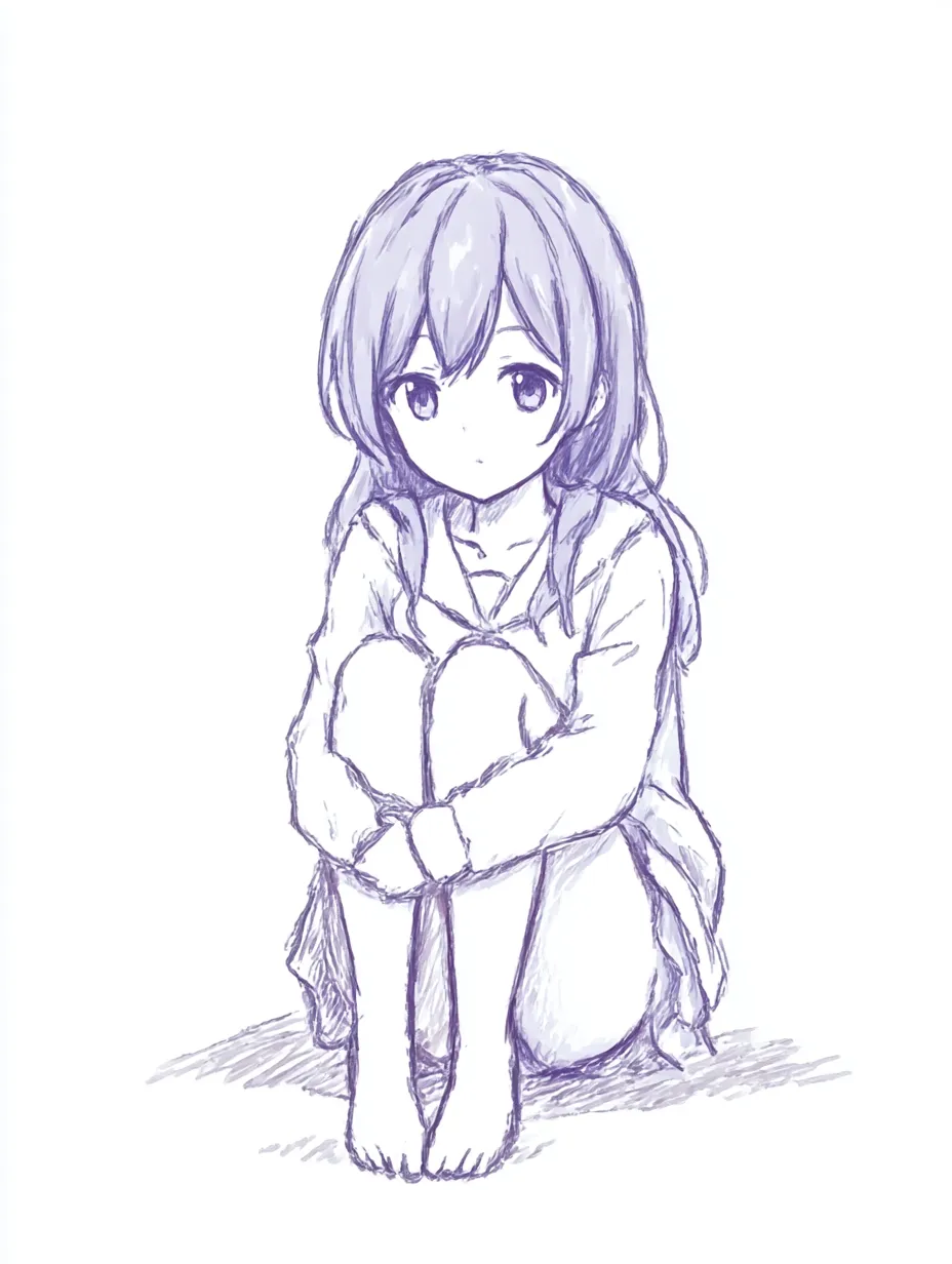 体育座りの正面①｜【基本構造】正面からまっすぐ描かれ、両膝を揃えて胸に抱え込む安定した骨格。肩幅はやや狭く、視線は静かに前方を見据えています。<br>【演出の方向性】左右対称の構図と素直な目線で、素朴さと誠実さを印象付けます。表情の抑制が純粋さや素直さを強調しています。<br>