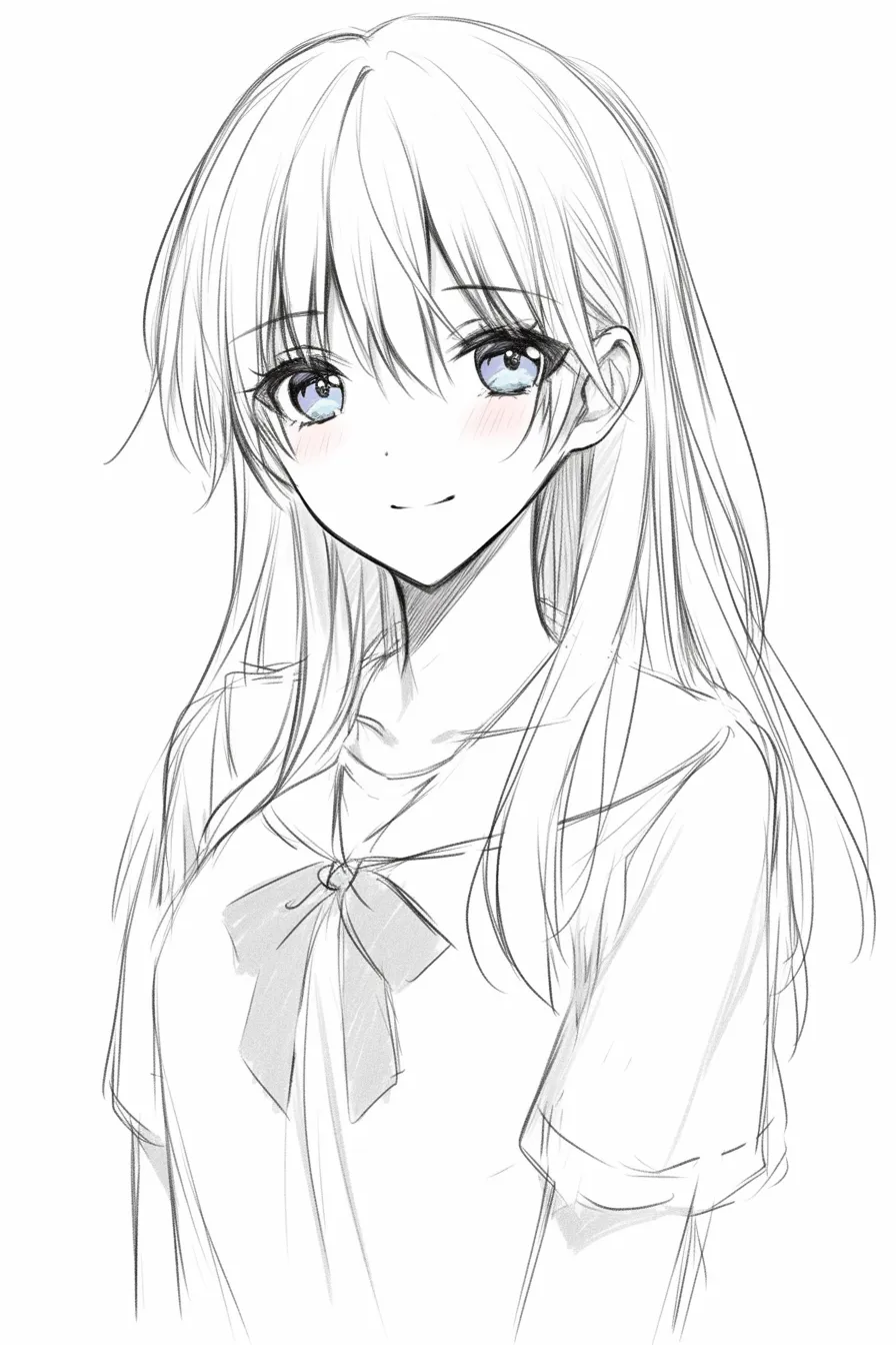 バストアップの爽やかな少女｜【基本構造】胸元から上をまっすぐに立て、髪は左右に均等に流れる構図です。大きく開いた瞳が正面を捉えています。<br>【演出の方向性】青い瞳の彩色が透明感を強調し、頬の赤みと整った笑みが爽やかで清潔感のある印象を与えています。<br>