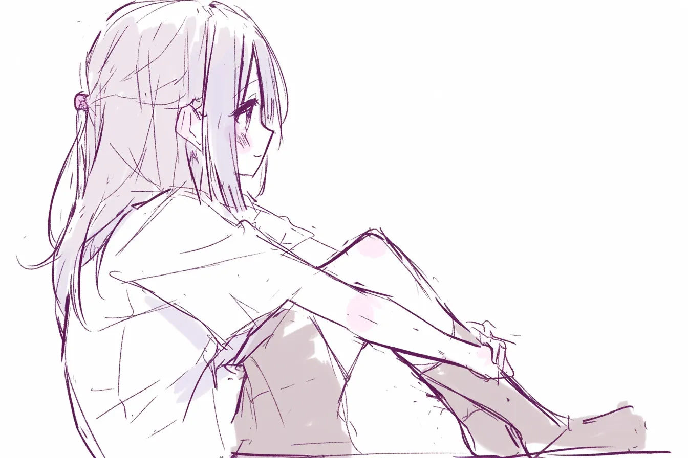 体育座りの横見上げ｜【基本構造】膝を抱えつつも顔をやや上げる描き方で、体の折りたたみと視線の方向を対比的に配置しています。<br>【演出の方向性】頬を赤らめて微かな笑みを添えることで、内向きの姿勢でも前向きな印象を与える効果を持たせています。<br>