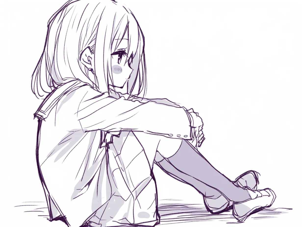 体育座りの横制服｜【基本構造】制服姿で横から膝を抱える描き方を採用し、背筋を伸ばして端正な輪郭を際立たせています。<br>【演出の方向性】表情に柔らかさを残し、清潔感と落ち着きを組み合わせた印象を作り出しています。<br>
