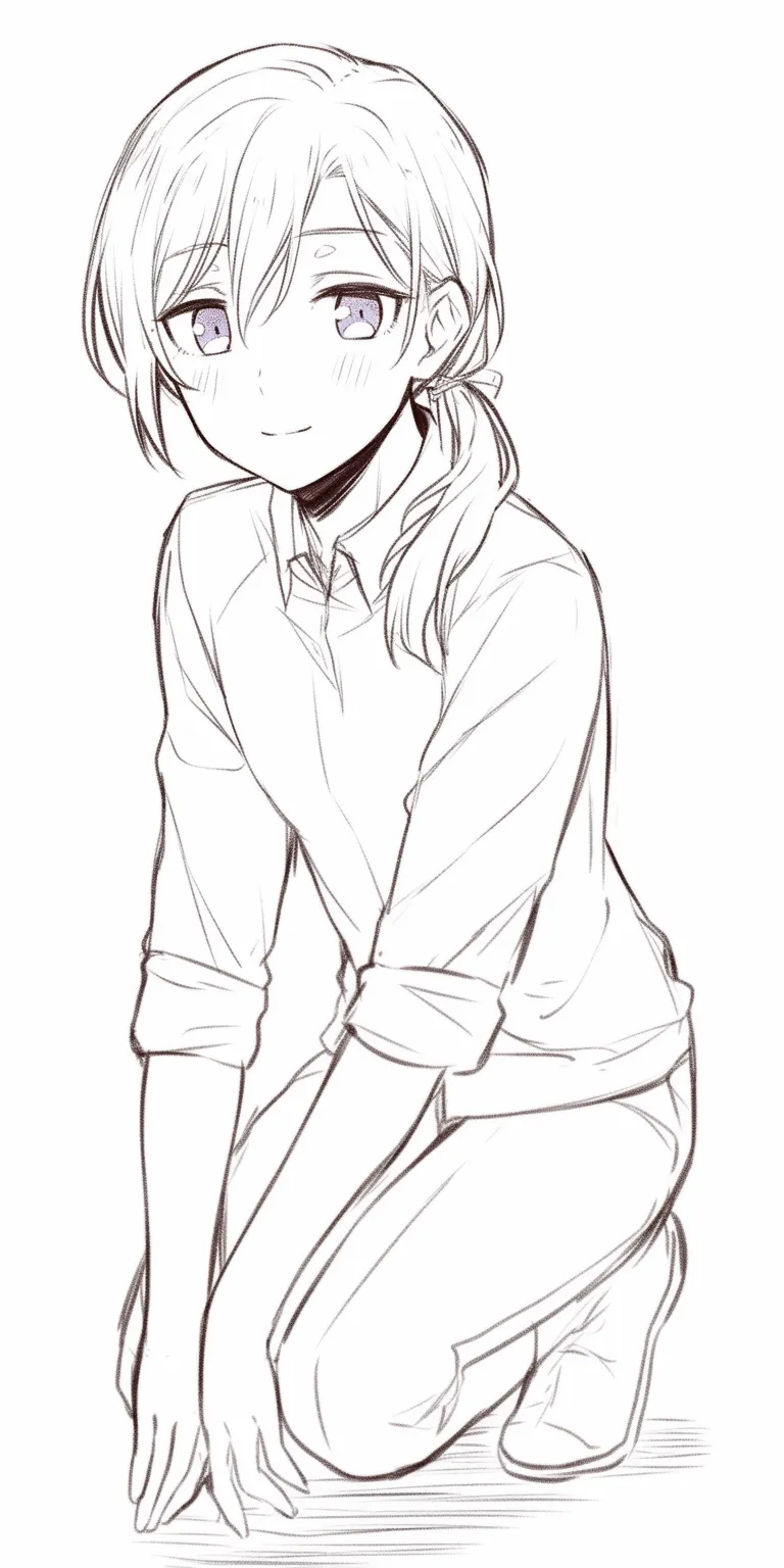 しゃがむの正座風｜【基本構造】しゃがんだ姿を片膝立てずに折り込む描き方で、手を前に添えた落ち着いたポーズにしています。<br>【演出の方向性】柔和な笑みを浮かべ、控えめながらも安心感を強く与える仕上げになっています。<br>