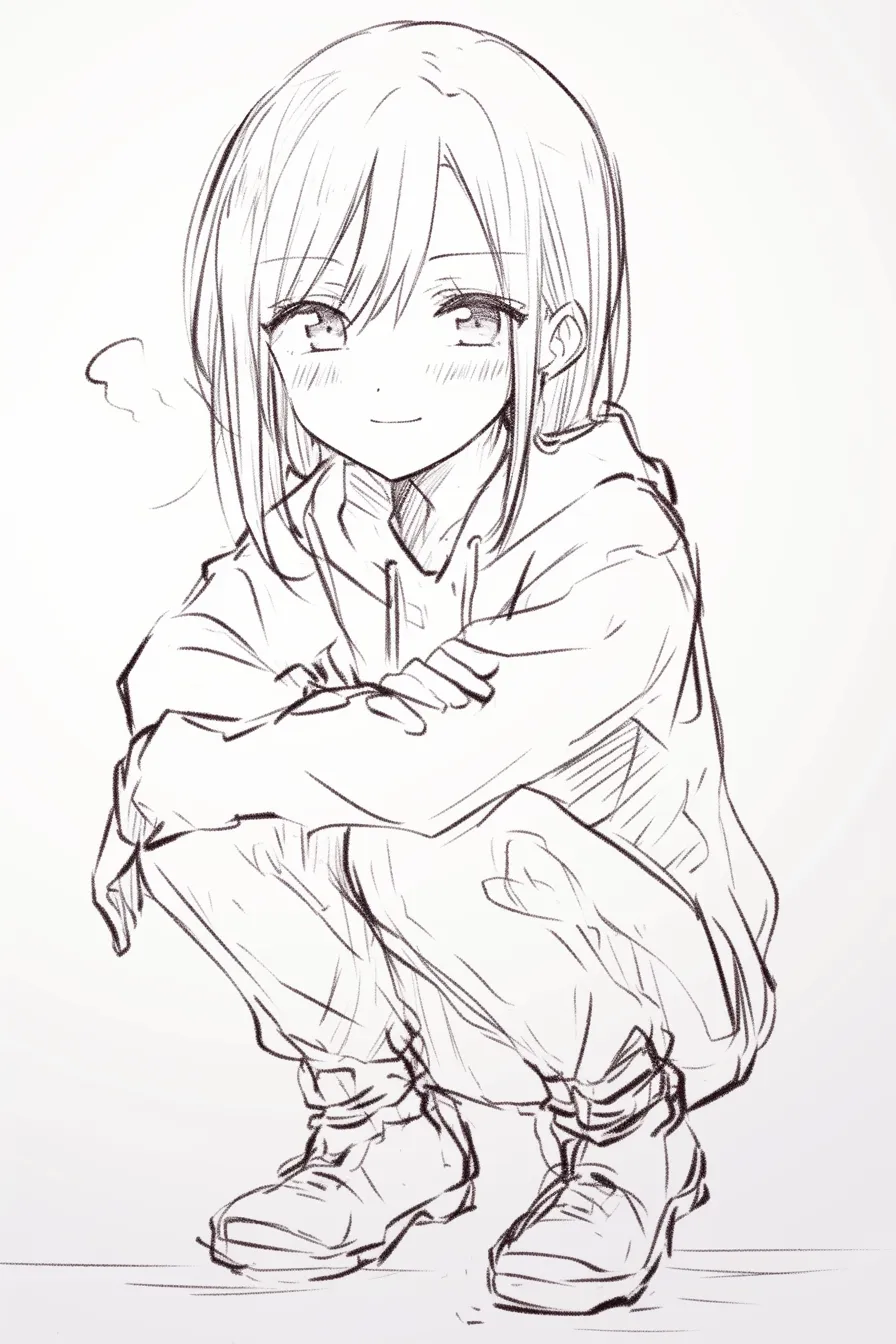 しゃがむのカジュアル笑顔｜【基本構造】しゃがんだ姿をラフな服装とともに描き方で整理し、膝の上に腕を乗せる自然な骨格です。<br>【演出の方向性】口元に笑みと吐息を加え、気取らない日常の明るさを演出しています。<br>