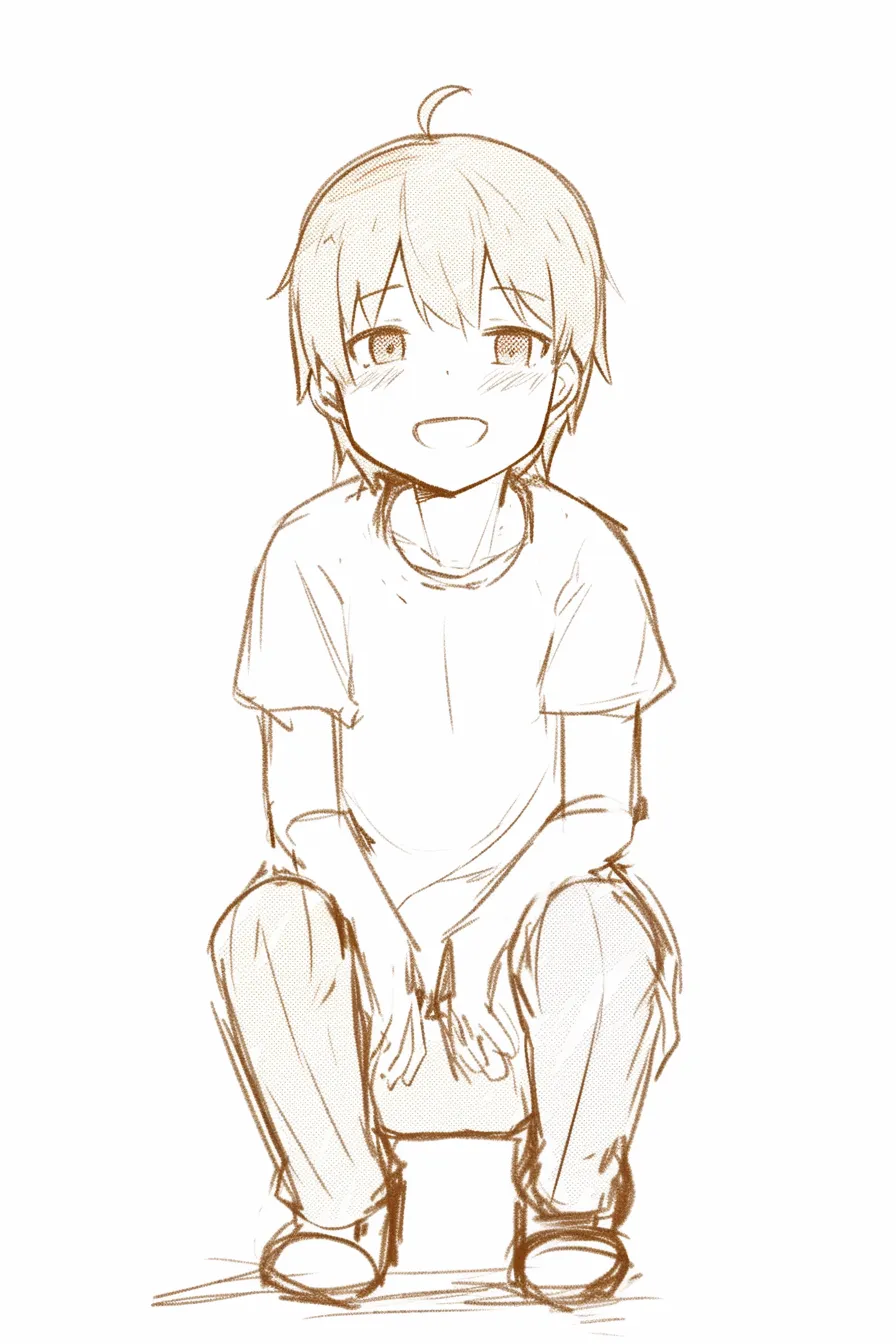 しゃがむ（男）①｜【基本構造】両膝を立て、手を前に下ろしたしゃがみ姿で描き方はシンプルにまとめられています。<br>【演出の方向性】表情を緩ませることで素朴さや安心感が漂い、少年らしい自然体の雰囲気が出ています。<br>