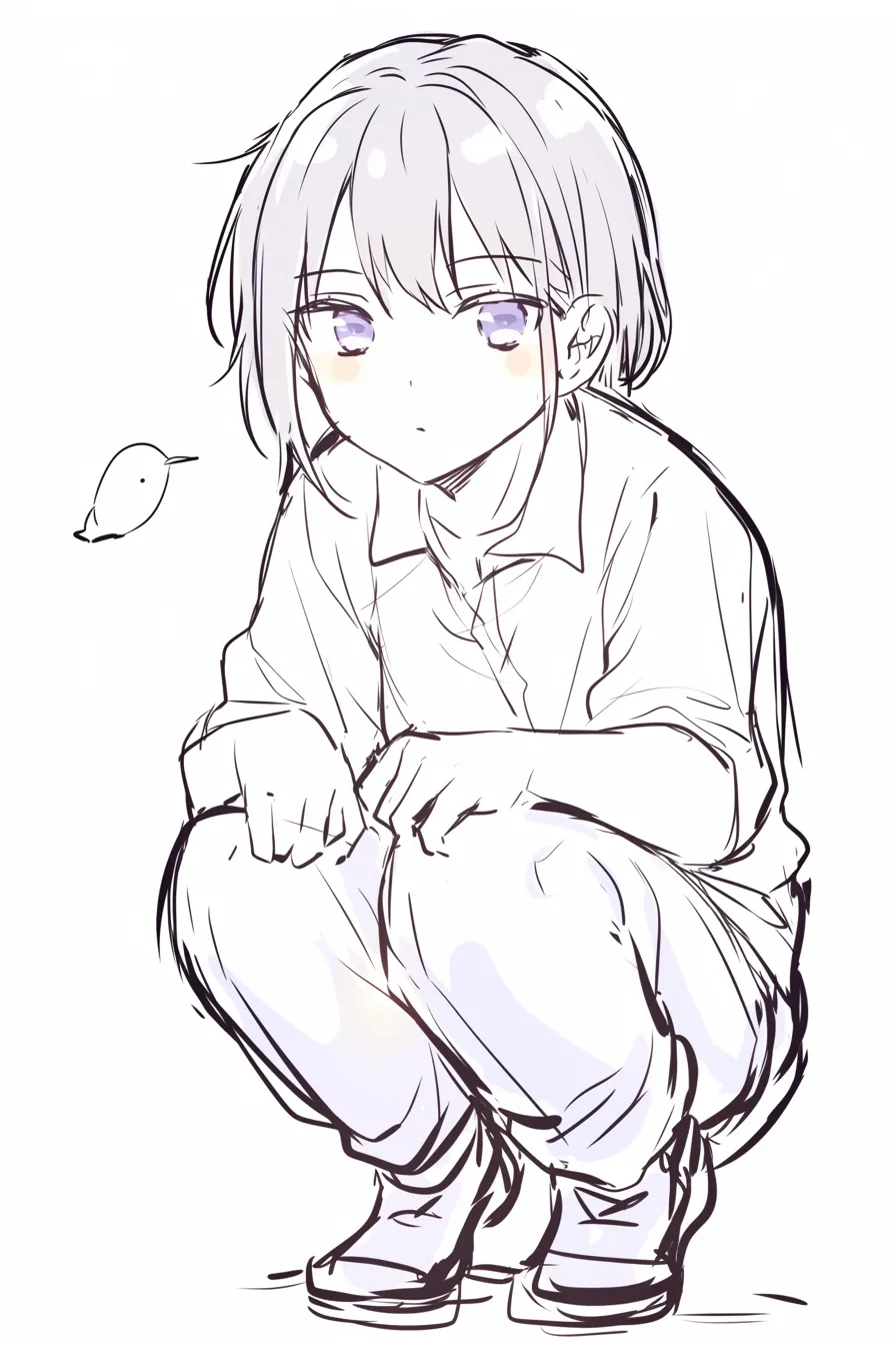 しゃがむ（男）③｜【基本構造】両腕を膝の上に添えるしゃがみ姿勢で、描き方は体を小さくまとめた構図になっています。<br>【演出の方向性】視線を外し、手を軽く置く仕草が控えめで、無邪気さや淡泊な印象を引き出しています。<br>
