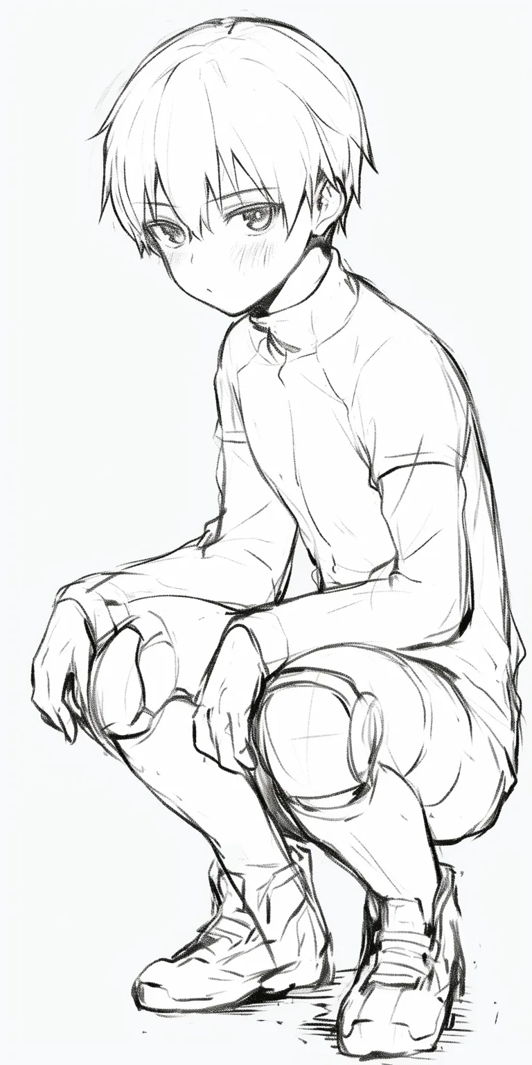 しゃがむ（男）④｜【基本構造】腕と脚をしっかり描き込んだしゃがみ姿で、立体感を強調した描き方です。<br>【演出の方向性】やや俯いた表情と硬い線が相まって、思索的で真剣な雰囲気を強めています。<br>