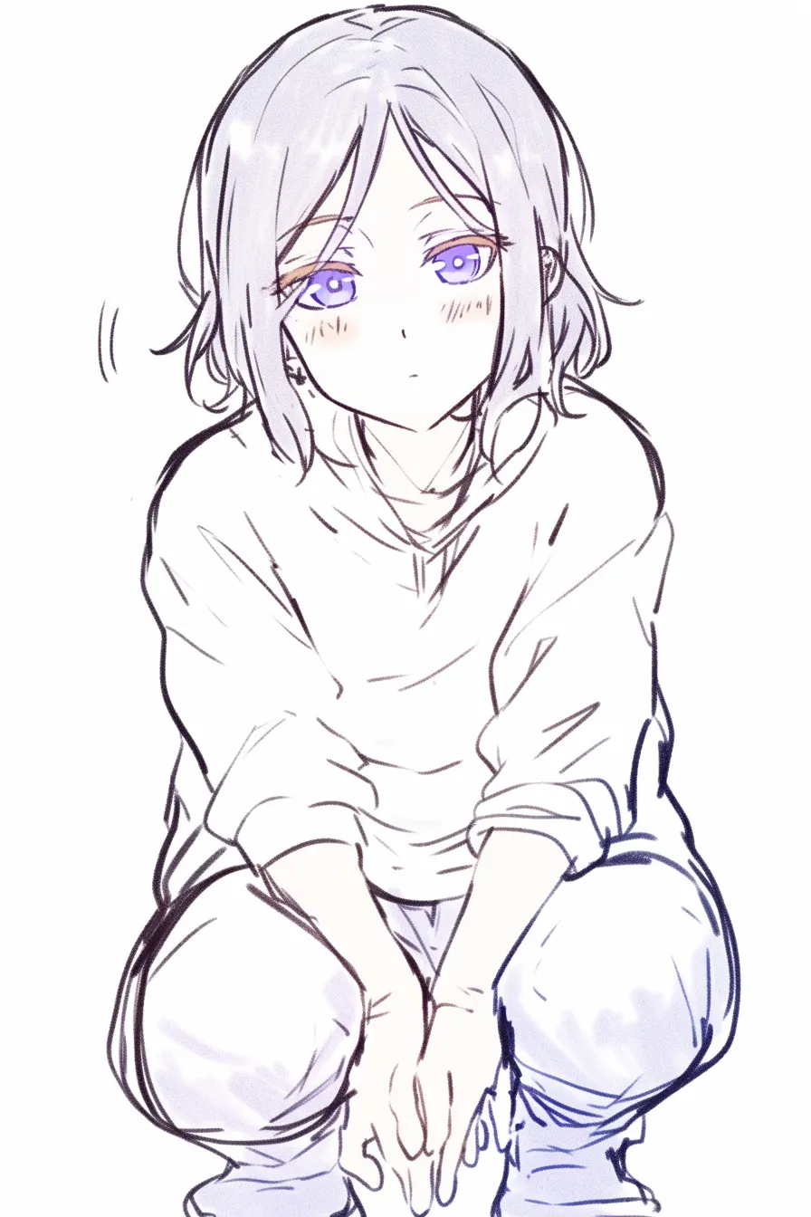 しゃがむ正面の見上げ｜【基本構造】正面からやや上目づかいで描き方をまとめ、両膝をそろえて腕を下ろすことで安定感のある構図になっています。<br>【演出の方向性】紫の瞳が視線を強調し、柔らかな髪の流れと表情の抜け感で親しみやすさを与えています。<br>