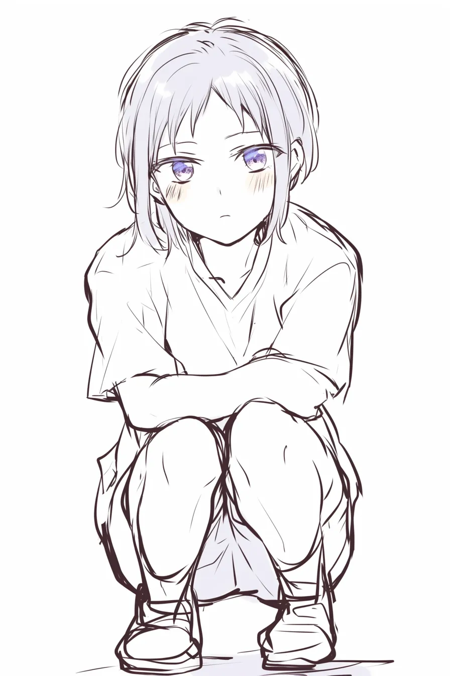 しゃがむ正面の素直さ｜【基本構造】両腕を前に揃え、膝を引き寄せた描き方で、正面から見たときにコンパクトなまとまりが出ています。<br>【演出の方向性】目を少し大きく開き、無垢な雰囲気を出すことで幼さや真剣さがにじみ出る印象を強調しています。<br>