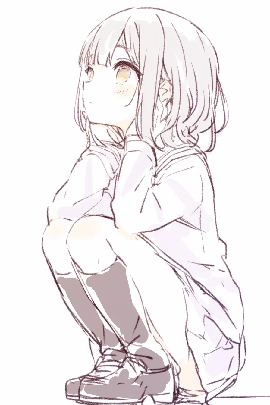 しゃがむ横の少女（見上げ）｜【基本構造】顎を手に乗せ、目線を斜め上へ導く描き方で、首筋や肩のラインを強調しています。<br>【演出の方向性】光を見上げる表情が憧れや夢想を感じさせ、やわらかな色調で内面的な希望を描き出しています。<br>
