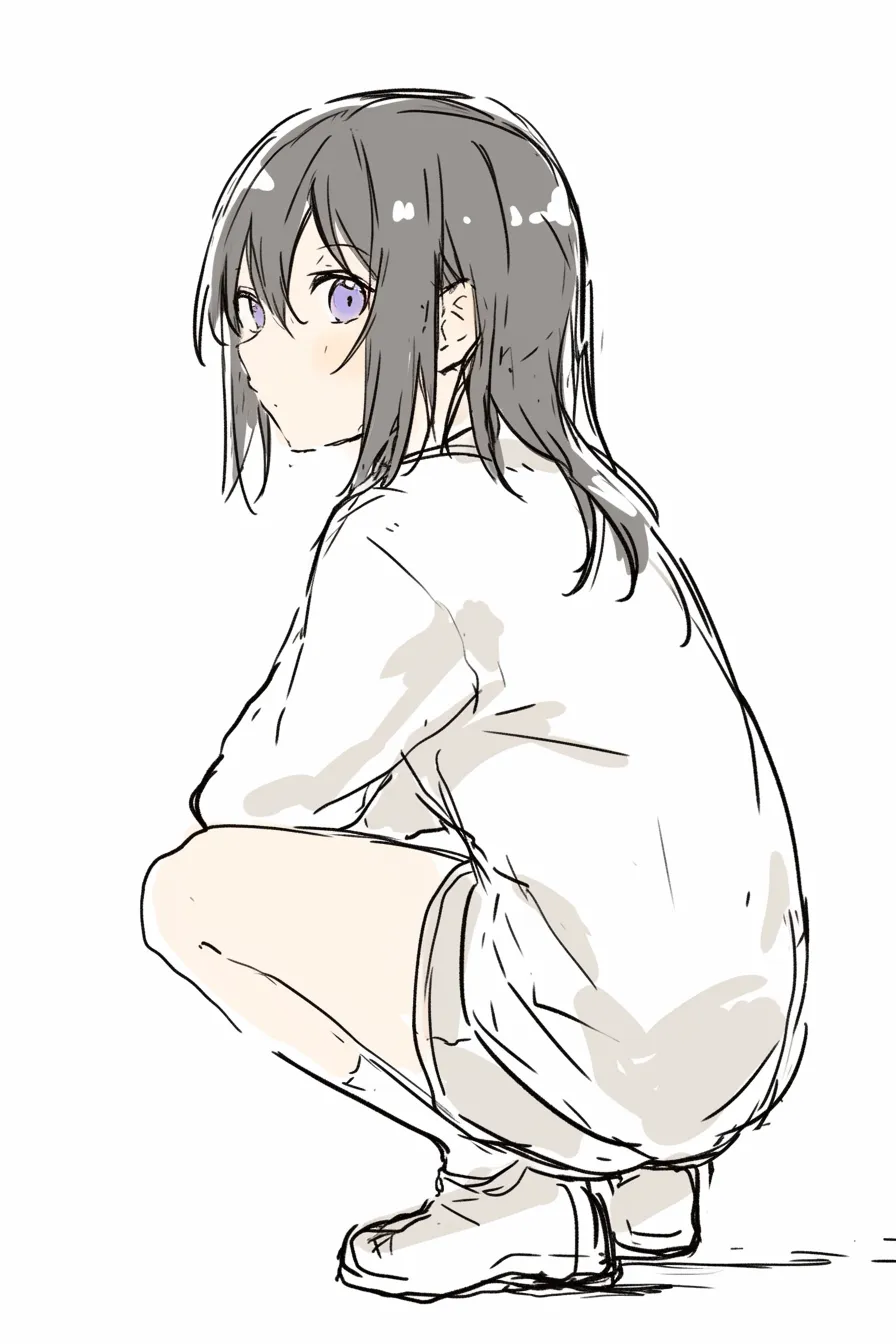 しゃがむ横の少女（振り返り）｜【基本構造】体は横を向きつつ顔を振り返る描き方で、背中から腰の曲線を自然に強調しています。<br>【演出の方向性】振り返りの瞳に驚きや気配の察知を感じさせ、淡い影が静けさの中の緊張感を作ります。<br>