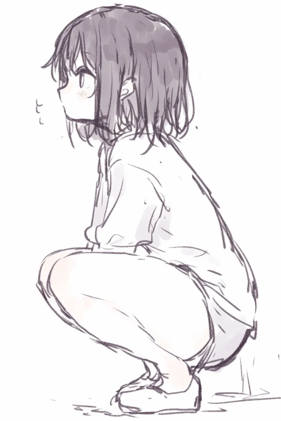 しゃがむ横の少女（簡略線）｜【基本構造】丸みを帯びた骨格を強調する描き方で、手足のシルエットを最小限の線で整理しています。<br>【演出の方向性】シンプルな線とやわらかい影色で、幼さや無防備さを際立たせ、観る側に安心感を与えます。<br>