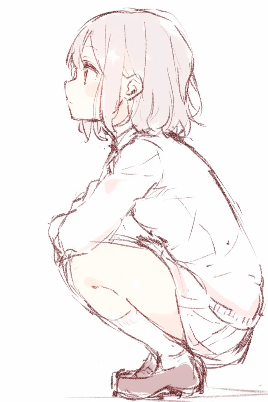 しゃがむ横の少女（俯き）｜【基本構造】目線を下に落とした描き方で、体の縮こまりと膝の曲げを強調しています。<br>【演出の方向性】うつむき加減が沈黙や内省を示し、淡い色合いが静かで控えめな感情を表します。<br>