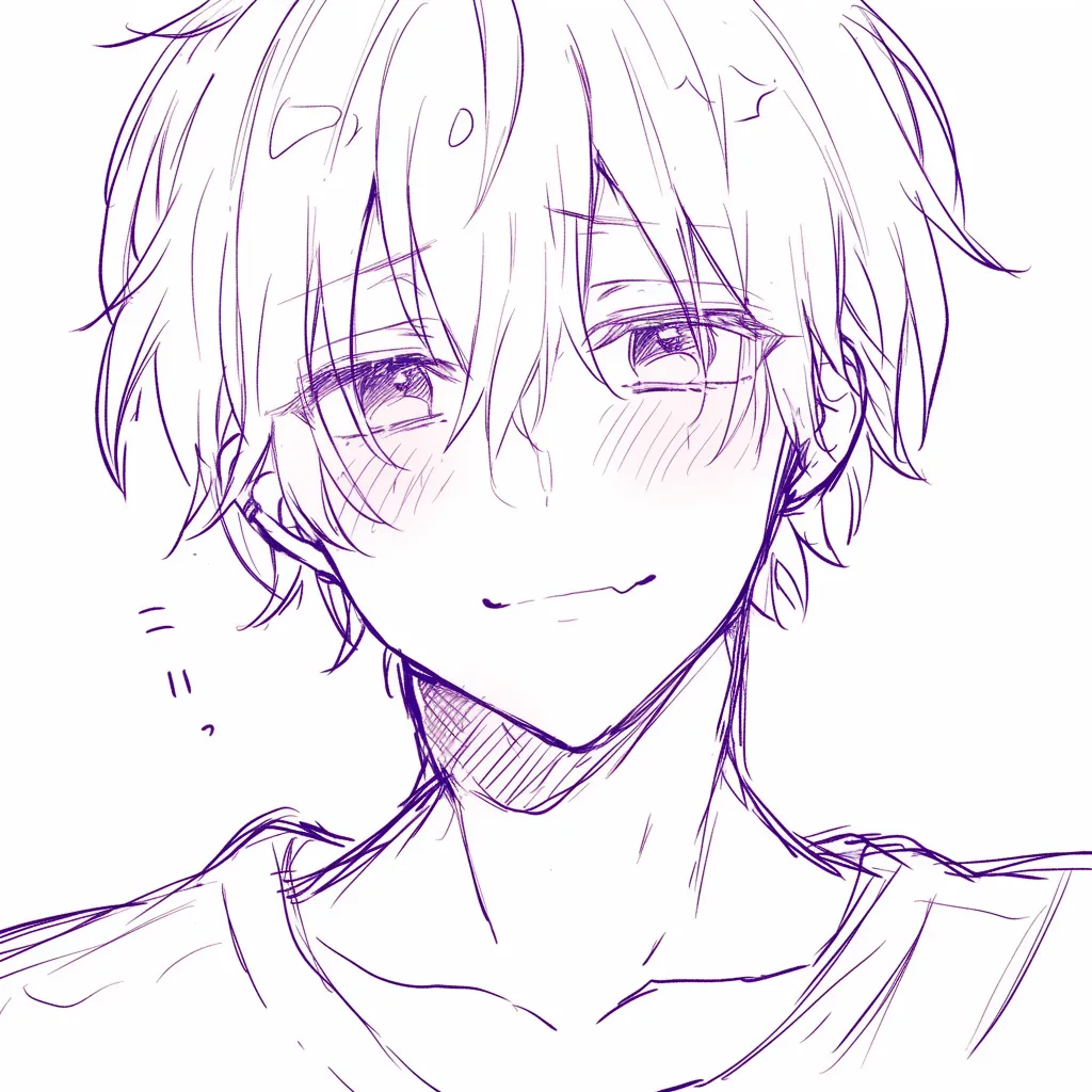 口の揺れる微笑｜【基本構造】斜め構図で頭を少し下げた描き方を採用し、口を緩く描くことで顔全体の柔らかさを保っています。髪のラフな線が感情の動きを強調します。<br>【演出の方向性】照れ隠しのような笑みが、素直さや不器用さを感じさせます。頬の影と赤みが心の揺れを示唆しています。<br>