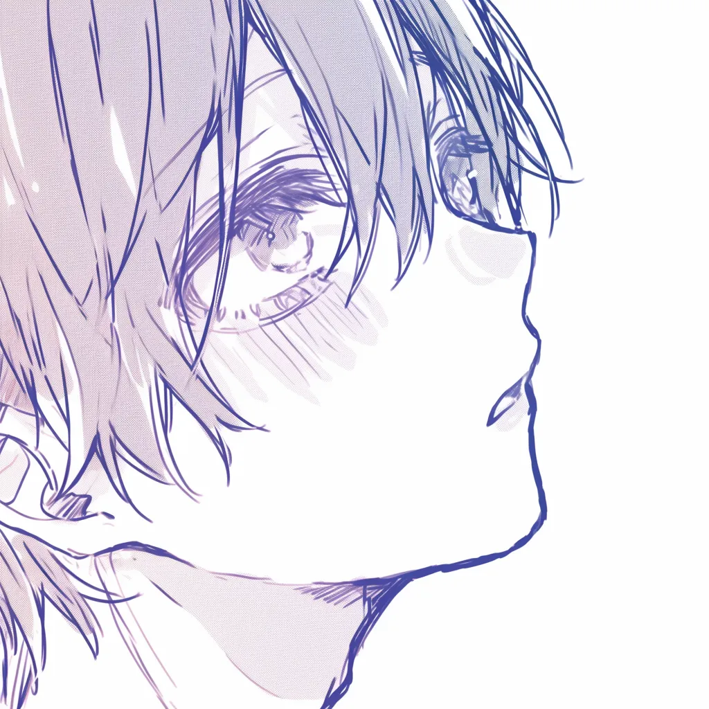 口の上向き視線｜【基本構造】首を伸ばして上を向く描き方で、口は小さく顎のラインに添え、目線を強調する配置になっています。髪の影が顔を縁取ります。<br>【演出の方向性】口元が閉じ気味で言葉を飲み込むように見せ、視線の方向が憧れや遠望の印象を引き立てています。<br>