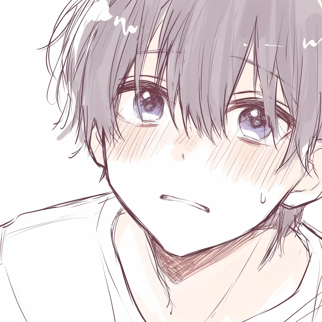 口の戸惑い表情｜【基本構造】正面に近いアングルで、口を小さく開き気味に描き方を整理し、顎と首のラインをシンプルにしています。<br>【演出の方向性】口元の緊張と汗の記号が不安や困惑を強調し、瞳の揺らぎと合わせて弱さや驚きを感じさせる表情になっています。<br>