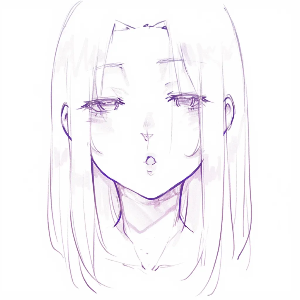 かわいい口のすぼめ｜【基本構造】正面構図で口を小さくすぼめる描き方を採用し、首や顎のラインを直線的に整理しています。瞼を半分閉じることで無気力な雰囲気を作っています。<br>【演出の方向性】口のすぼみが脱力感や不思議さを演出し、全体として間の抜けたかわいらしさを漂わせます。<br>