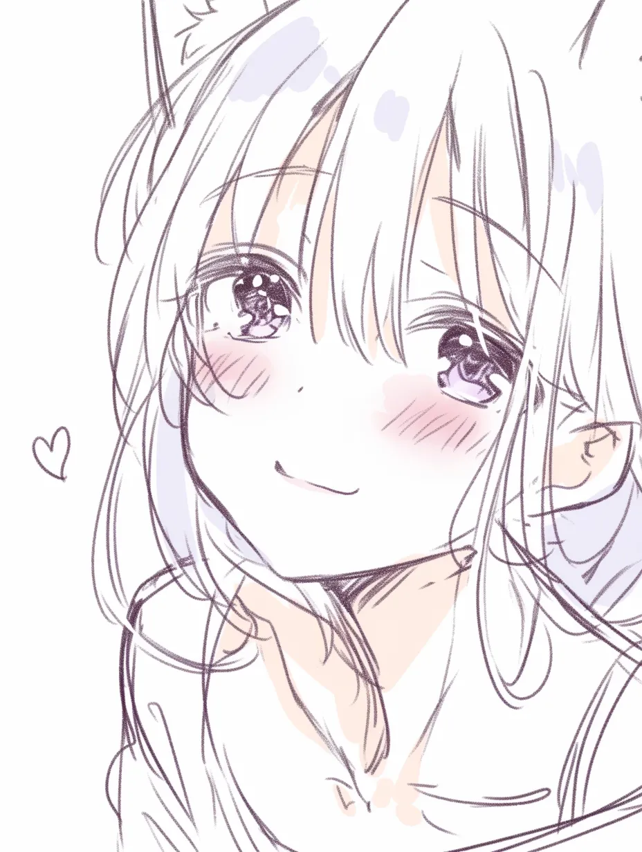 かわいい口の微笑｜【基本構造】斜め上を見上げる描き方で、頬の曲線に合わせて口角を軽く上げています。柔らかな髪の流れと肩の傾きが動きを添えています。<br>【演出の方向性】小さな笑みと視線の組み合わせが甘さを生み、頬の赤みやハートの記号によって恋愛的な可愛らしさを演出しています。<br>