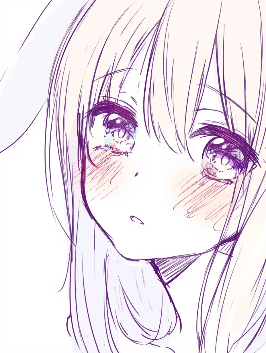 かわいい口の切なげ視線｜【基本構造】首を傾けて視線をずらす描き方で、口を小さく閉じ、輪郭を柔らかく仕上げています。<br>【演出の方向性】潤んだ瞳と小さな口が組み合わさり、言葉を飲み込むような切なさを演出しています。<br>