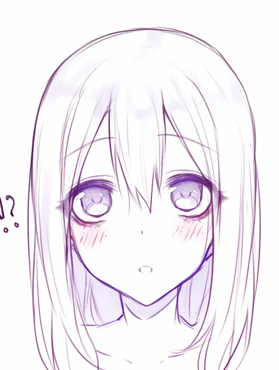上を向く顔（純真）｜【基本構造】真正面から顎を上げた描き方で、目を丸く開き、首筋をまっすぐに伸ばしています。口元は小さく開かれています。<br>【演出の方向性】大きな瞳と薄い赤面が純粋さを演出。驚きや無垢さが前面に出て、愛らしさが際立っています。<br>