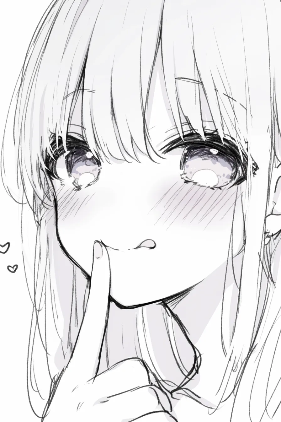 かわいい口の指遊び｜【基本構造】斜めのアングルで口元に指を添える描き方を取り、唇を軽く開けています。瞳をやや細めて視線を絡ませています。<br>【演出の方向性】指先が口元を飾ることで小悪魔的な可愛さを強調し、観る側に甘い挑発を感じさせる表情です。<br>