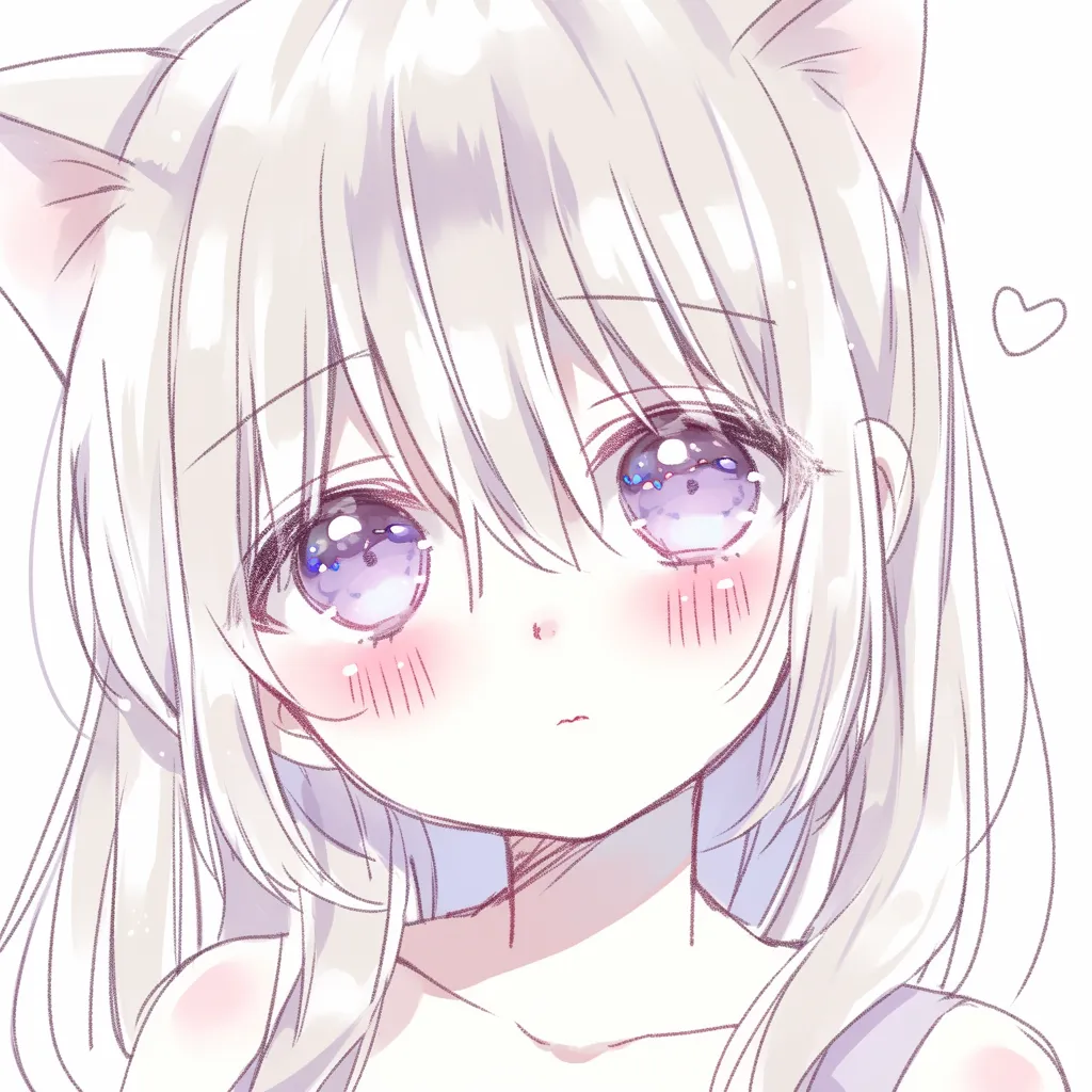 かわいい口の無垢視線｜【基本構造】正面構図で口を小さく閉じた描き方を用い、輪郭をシンプルに整えています。大きな瞳を中心に据えて印象を支えています。<br>【演出の方向性】耳やハート記号と組み合わせることで、幼さや素直さが強調され、純真で守りたくなるかわいさを生み出しています。<br>