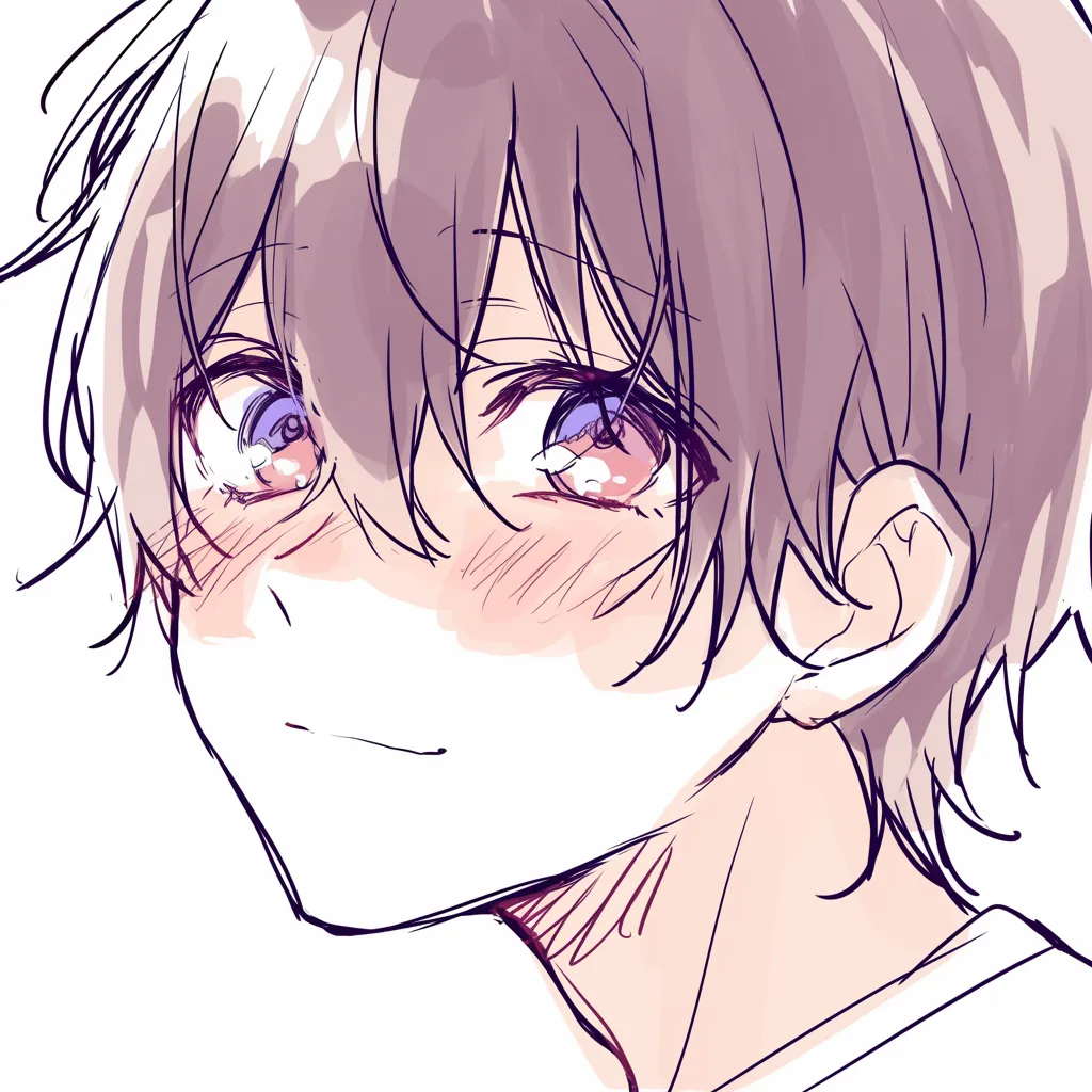 かっこいい口の微笑｜【基本構造】口角をわずかに上げた描き方で、頬と顎のラインを緩やかに描いています。髪の毛の流れが視線の方向を自然に導きます。<br>【演出の方向性】柔らかな笑みが安心感を生み、目の光と調和して爽やかさを強調しています。親しみやすさと大人の余裕が伝わります。<br>
