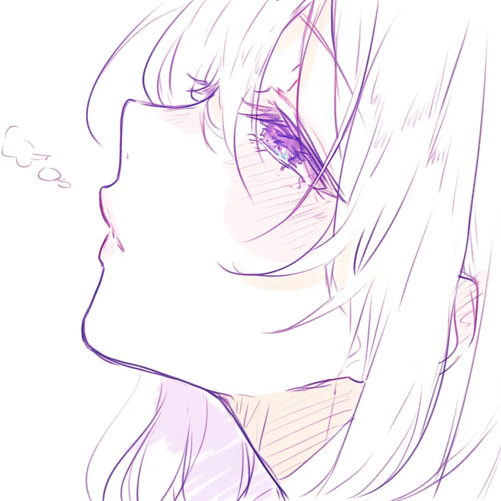 唇の吐息｜【基本構造】横顔をベースにした描き方で、口をわずかにすぼめ、顎から首へのラインをなめらかに整理しています。目線は正面よりやや上に流れています。<br>【演出の方向性】口元から吐息の記号を加えることで、緊張の解放や微かな色気を演出しています。視線の潤みがその余韻を強調します。<br>