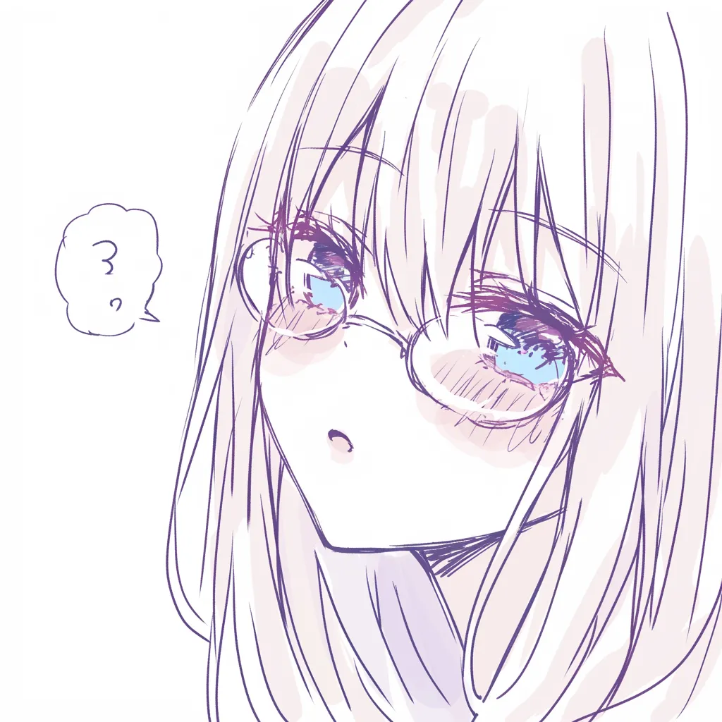 唇の小さな開き｜【基本構造】斜め構図において、唇を軽く開ける描き方を採用しています。丸い輪郭と眼鏡が表情に柔らかさを加えています。<br>【演出の方向性】口元の小さな開きが「え？」という戸惑いや無垢さを表現し、観る側に親近感を抱かせます。<br>