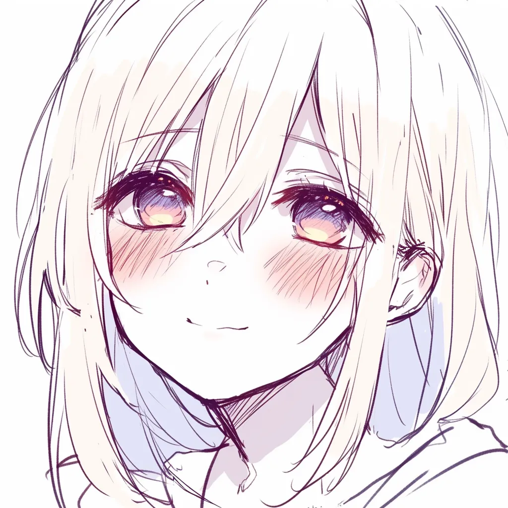 唇の微笑｜【基本構造】正面からの描き方で、口角をわずかに上げ、頬に赤みを持たせています。目の輪郭を丸めることで柔らかさを出しています。<br>【演出の方向性】控えめな笑みが優しさを強調し、瞳の温かさとともに親しみやすさを引き出しています。<br>