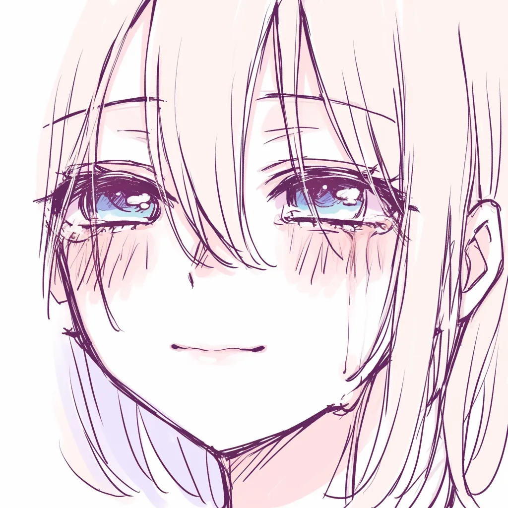 唇の涙笑顔｜【基本構造】正面構図で、涙を流しながらも口を軽く閉じる描き方を採用しています。髪が頬にかかることで感情を柔らげています。<br>【演出の方向性】涙と唇の閉じ方が同時に表現され、悲しみの中に微かな安らぎを残す表情となっています。<br>