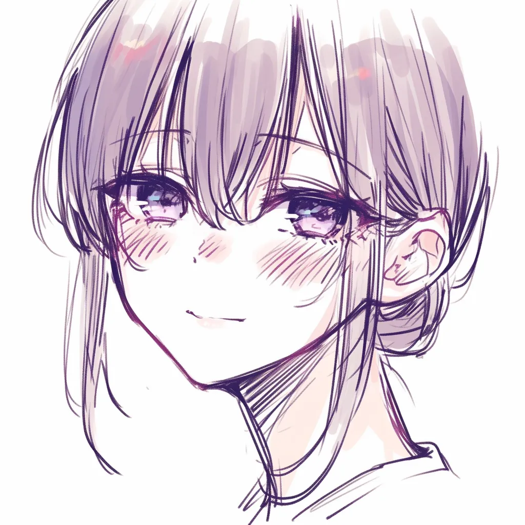 かわいい唇のやわらかな笑み｜【基本構造】正面寄りの描き方で口角を軽く上げ、頬に赤みを添えています。髪の隙間から見える瞳が表情を支えています。<br>【演出の方向性】唇のわずかな弧が親しみやすさを与え、照れを含んだ微笑が可憐さを強調しています。<br>