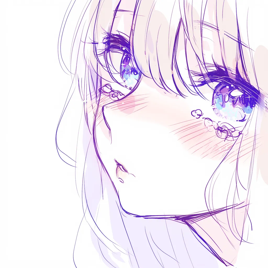 かわいい唇の潤み｜【基本構造】斜め視線に合わせ、唇を柔らかく閉じた描き方で、頬に強い赤みをのせています。<br>【演出の方向性】涙と唇の組み合わせが切なさと守りたくなる愛らしさを強調しています。<br>