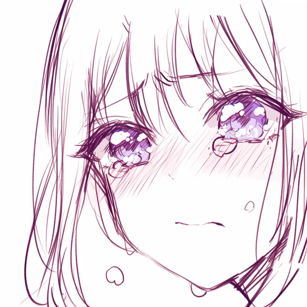 唇を噛むの涙目｜【基本構造】涙を浮かべた大きな瞳を中心に、下唇を強調する描き方で正面構図を取り、頬の赤みを広く配置しています。<br>【演出の方向性】潤んだ瞳と噛む仕草の組み合わせで切なさを際立たせ、感情が溢れ出す瞬間を視覚的に印象付けています。<br>