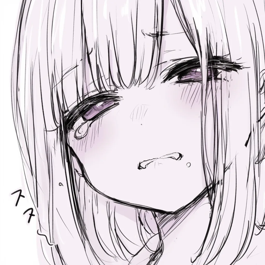 唇を噛むの伏し目｜【基本構造】目線を下げた状態で口角をわずかに歪める描き方を用い、涙の軌跡を頬に沿わせながら輪郭を斜めに切り取っています。<br>【演出の方向性】伏し目によって弱さと無力感が強調され、噛みしめる口元が感情の抑圧を示すことでより重い空気感を演出しています。<br>