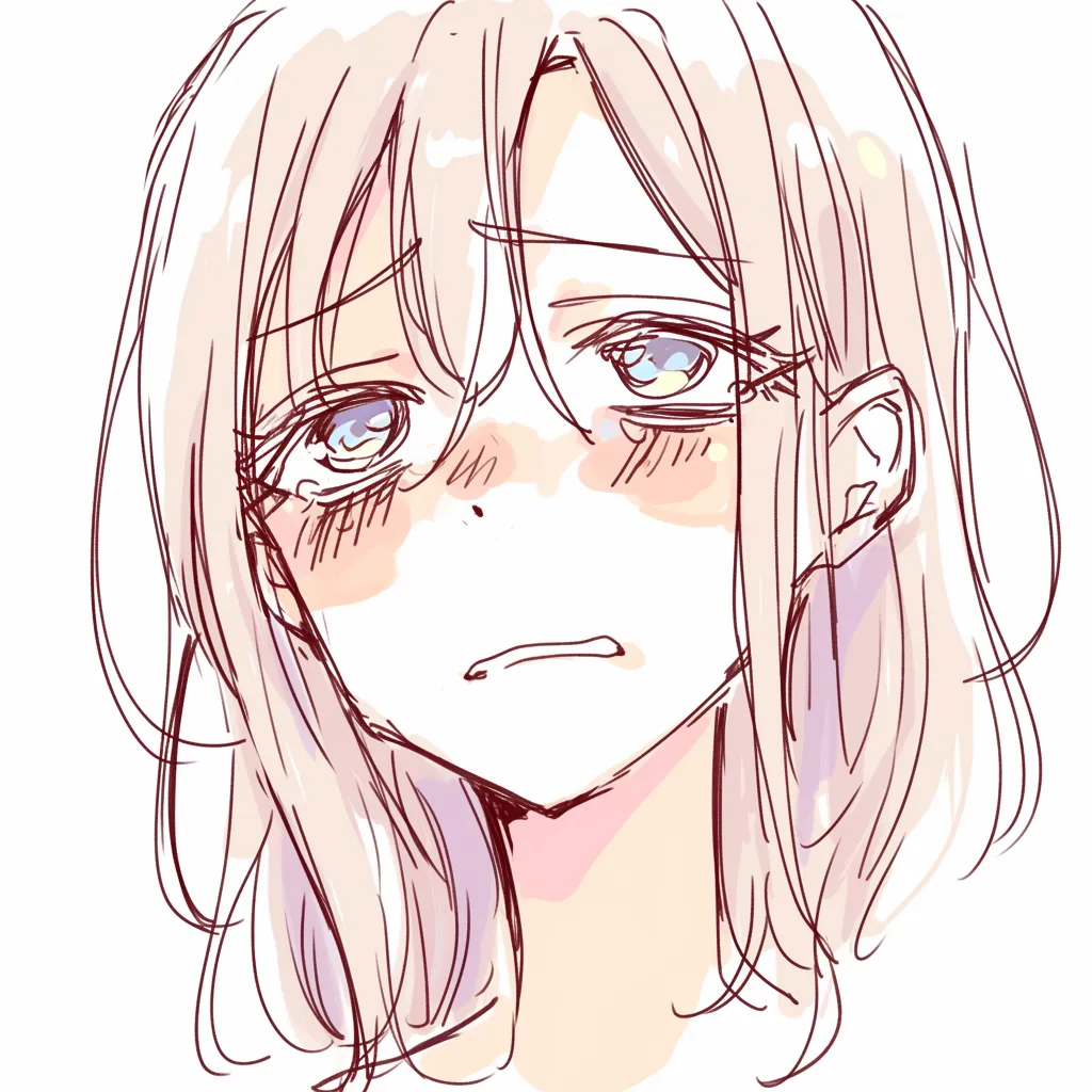 唇を噛むの弱気｜【基本構造】正面に近いアングルで、肩をすぼめるような首の傾きと柔らかい線を用いた描き方で弱々しい雰囲気を整えています。<br>【演出の方向性】淡い色使いと目の潤みを強調することで、噛む仕草がより消極的に映り、弱さや不安が前面に押し出されています。<br>