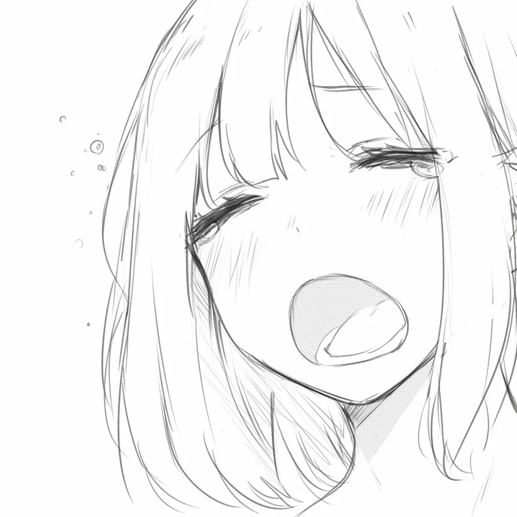 あくびの深眠｜【基本構造】顔をやや斜めに傾け、口を大きく開けた描き方で、瞼を完全に閉じ頬を緩やかに描いています。<br>【演出の方向性】線を柔らかく抑えたタッチと涙袋の表現によって、深い眠りに落ちる直前の安らぎを表しています。<br>