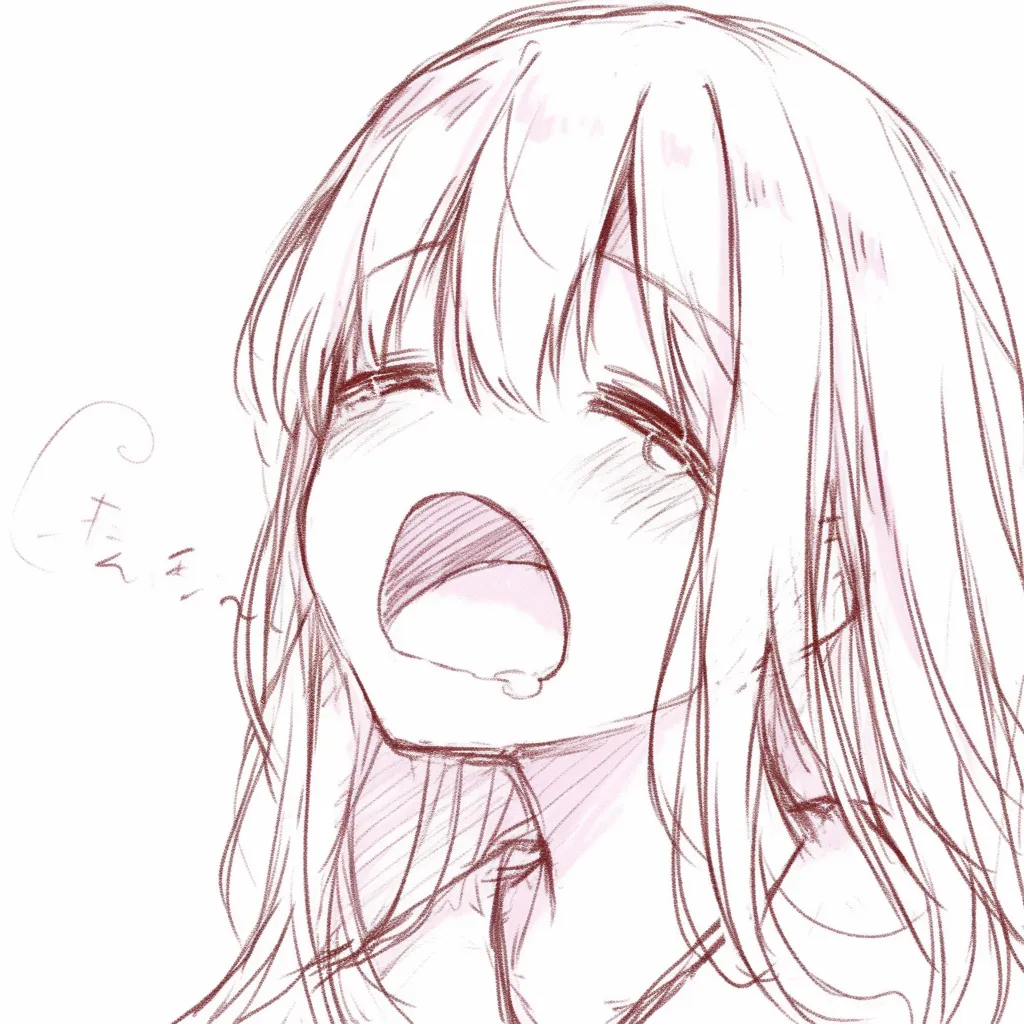 あくびの甘え｜【基本構造】やや俯いた角度から、口を開きつつ肩をすくめた描き方で柔らかい髪の流れを添えています。<br>【演出の方向性】口元に小さな唾液表現を加えることで、甘えや安心感を引き出し、親しみのある可愛らしさを演出しています。<br>