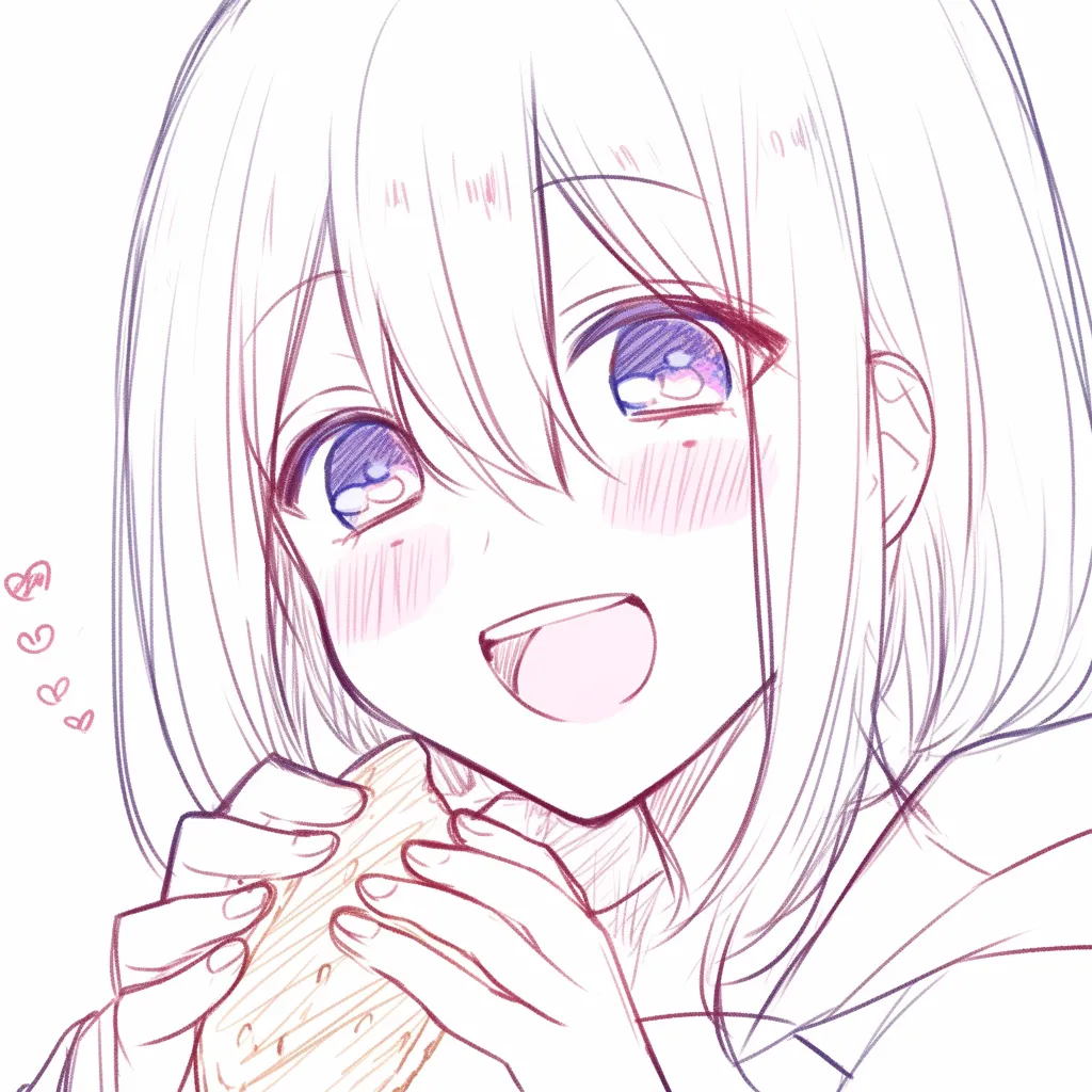 あーんの笑顔｜【基本構造】正面に近い角度で大きく口を開ける描き方を取り、両手で食べ物を持ちながら瞳を大きく描いています。<br>【演出の方向性】頬を赤らめ、目を輝かせることで喜びを前面に押し出し、あーんの仕草をより愛らしく演出しています。<br>