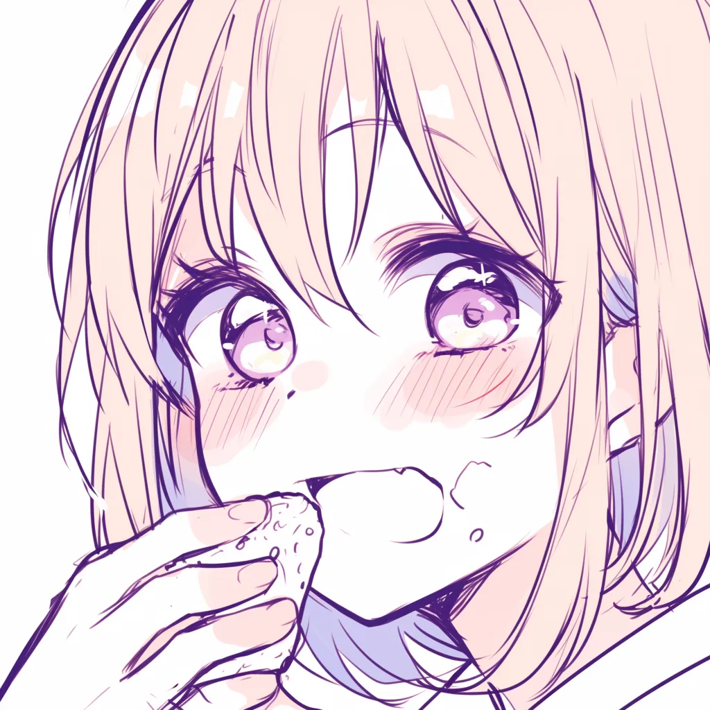 あーんの驚き顔｜【基本構造】やや斜めからの視点で口を大きく開ける描き方を用い、目を丸く大きく描いています。<br>【演出の方向性】食べ物を頬張る途中の仕草を強調し、驚きや無邪気さを感じさせる生き生きとした雰囲気を演出しています。<br>