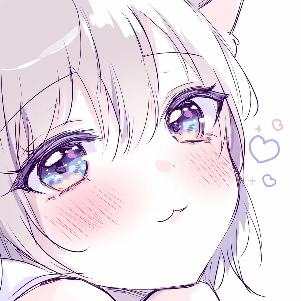 猫口の上目遣い｜【基本構造】やや下からの視点で目を大きく描き、猫口を小さく結ぶ描き方を採用しています。<br>【演出の方向性】上目遣いの視線と組み合わさることで、甘えるような可愛らしさが強調され、柔らかな印象を与えています。<br>